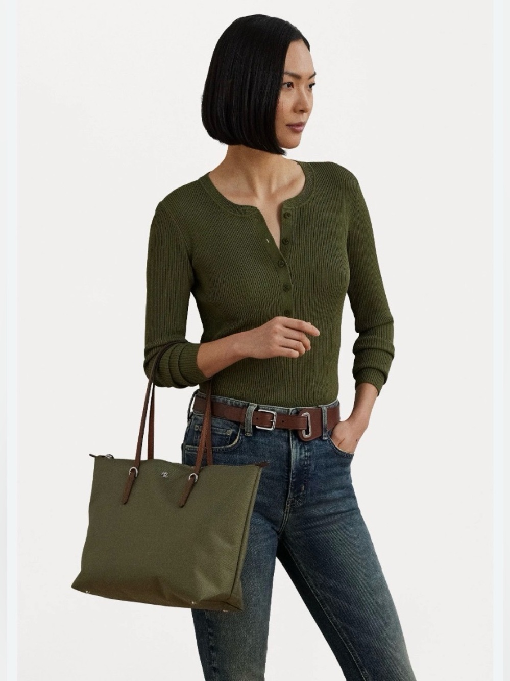 Lauren Ralph Lauren KEATON MEDIUM - Tote bag - sage green/lauren tan